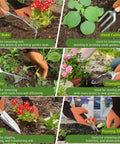 Heavy Duty Gardening Tools Set For Women 22 Pieces With Tote Bag Gift For Mom Wife Grandma Newbie Gardeners Includes Shovel Trowel Pruner Weeder Transplanting Spade Cultivator showing usage of hand rake, cultivator, weeder, transplanter, trowel, pruning shears.