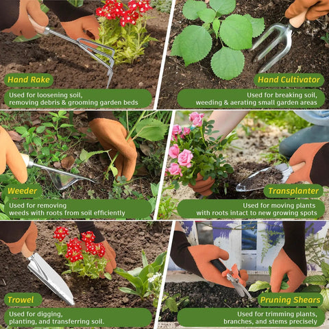 Heavy Duty Gardening Tools Set For Women 22 Pieces With Tote Bag Gift For Mom Wife Grandma Newbie Gardeners Includes Shovel Trowel Pruner Weeder Transplanting Spade Cultivator showing usage of hand rake, cultivator, weeder, transplanter, trowel, pruning shears.