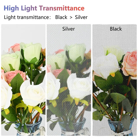 DIY Friendly All-Weather Aluminum Window Screen Mesh Roll 48 Inch By 100 Foot Black Insect Screen For Windows Doors Porch And Patio, 18x16 Mesh showing light transmittance comparison with silver mesh over flowers