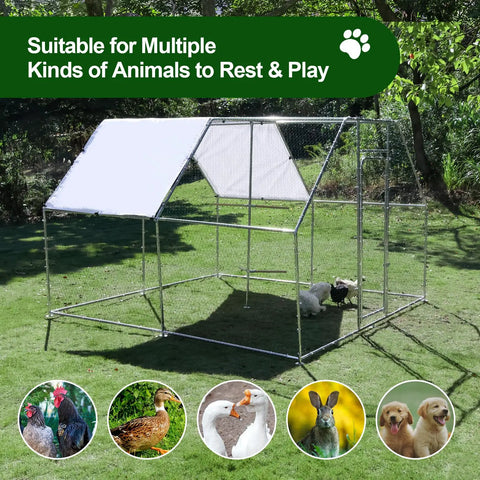 Walk In Metal Chicken Coop With Cover And Perch For Outdoor Backyard Use, Large Enclosure For Chickens Ducks And Rabbits shown on grass