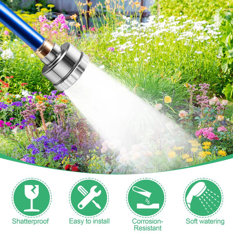3/4 Inch Aluminum Garden Hose Shower Head With 3000 Hole Mist Nozzle spraying water on flowers, outdoor use