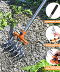 Rotary Cultivator Garden Tiller With Adjustable Stainless Steel Handle and Ultra Lightweight Aluminum Tines shown in garden
