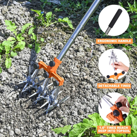 Rotary Cultivator Garden Tiller With Adjustable Stainless Steel Handle and Ultra Lightweight Aluminum Tines shown in garden