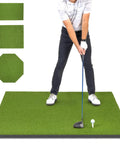 Golfer practicing on Elite 5x5 Ft Golf Hitting Mat With 15mm Artificial Turf, showing turf thickness and angles.