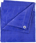 Heavy Duty Waterproof Poly Tarp 5 Mil All Purpose Cover For Outdoor Protection, showing folded blue tarp with reinforced corners.