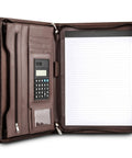Career Game Changer Business Padfolio With Heavy Duty Zipper Closure Crafted From Smooth Pu Vegan Leather Featuring A Roomy 101 Inch Tablet Sleeve Built In Solar Calculator And Clever Desk Organizer For Bosses In Rich Brown, opened showing solar calculator, notepad, and storage pockets.