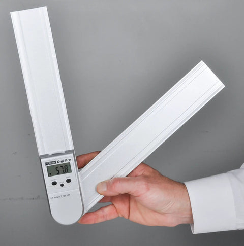 Digital Protractor 12 Inch With Magnetic Blades And Hold Zeros For Quick Accurate Angles, shown in hand displaying angle reading