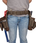 14 Pocket Framer Tool Belt Set With Tough As Nails Pro Grade Full Grain Leather worn by person, showing hammer holder and pocket details