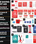 SurviveX Small First Aid Kit for Car, Travel & Home, front view; red kit with eight labeled sections.