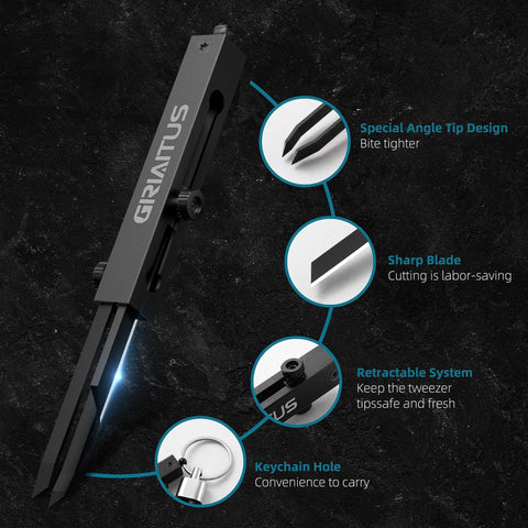 Pocket Knife 2 In 1 EDC Keychain Tweezers Multitool Box Cutter Retractable Utility Knife Portable features and design details.