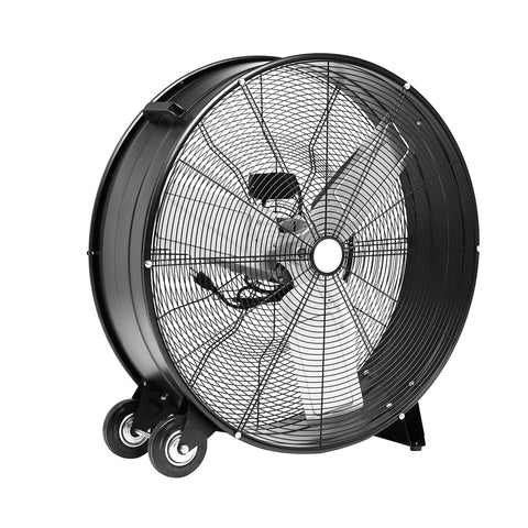Heavy-Duty 30 Inch High-Velocity Drum Fan With Metal Housing, 300W Power, UL Certified Safety, Two-Speed, Black on-wheels