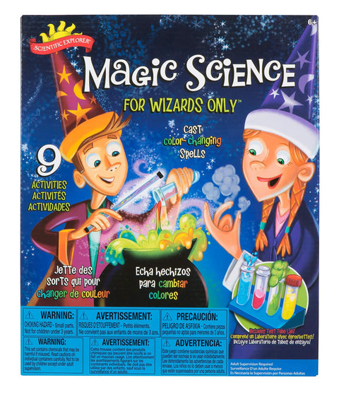 Box of Explorer Magic Science Kit For Wizards And Curious Kids Learn Real Chemistry Tricks Through Fun Experiments Hands On Imagination And Creativity With Test Tubes For Ages 6 And Up, showing cartoon wizards  and test tubes.