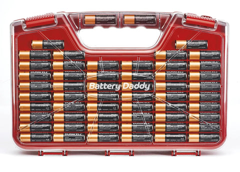 Front view of Battery Daddy Storage And Organizer Case With Built In Tester That Holds Up To 180 Batteries, showing organized cells.