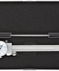 Stainless Steel Shockproof Dial Caliper Pro Grade 0 To 6 Inch Precision Tool with 0.001 Inch Graduation in protective case.