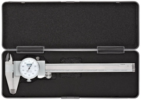 Stainless Steel Shockproof Dial Caliper Pro Grade 0 To 6 Inch Precision Tool with 0.001 Inch Graduation in protective case.