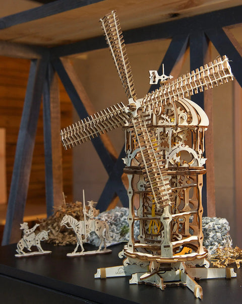 Eco Friendly 585-Piece 3D Windmill Puzzle Kit With Moving Parts, Wooden Model Build Set For Adults And Kids, Wind-Powered Or Rubber Band Motor, Dope DIY Educational Toy And Decor, Beige wooden windmill model with moving blades on display