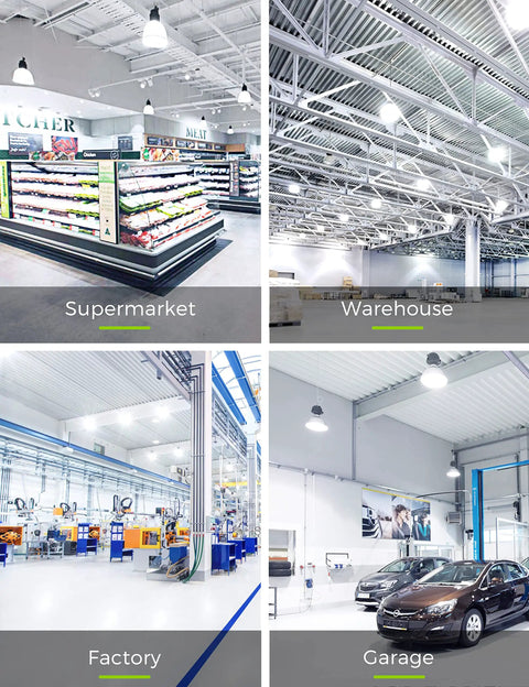 Ultra Bright LED Bulbs 250 300W Equivalent 3400 Lumens 5000K illuminating supermarket, warehouse, factory, and garage spaces