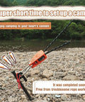 Camping Rope With Ratchet Pulley For Grab-And-Go Quick Setup on rocky campsite, tied to stake with river background