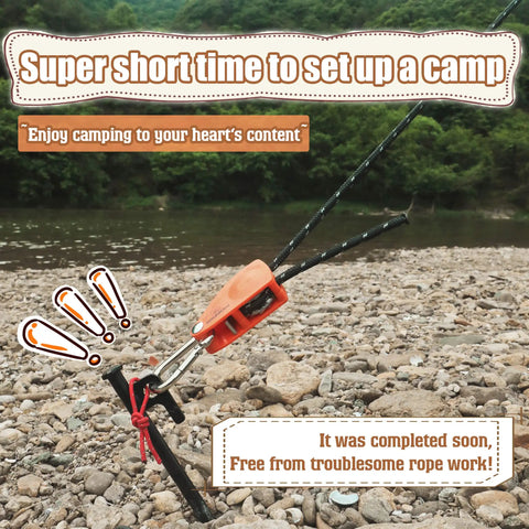 Camping Rope With Ratchet Pulley For Grab-And-Go Quick Setup on rocky campsite, tied to stake with river background