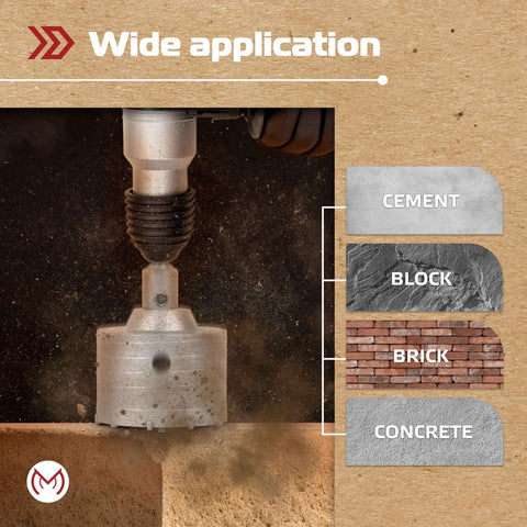 Concrete hole saw kit in use with drill; shows cement, block, brick, and concrete surfaces; Amazon logo.