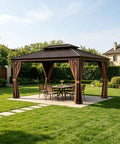 All Season Hardtop Metal Roof Gazebo With Mosquito Netting And Privacy Curtains For Backyard Patio Deck Built Tough Heavy Duty Outdoor Shelter That Stands Up Year Round Brown 10x12 Ft.