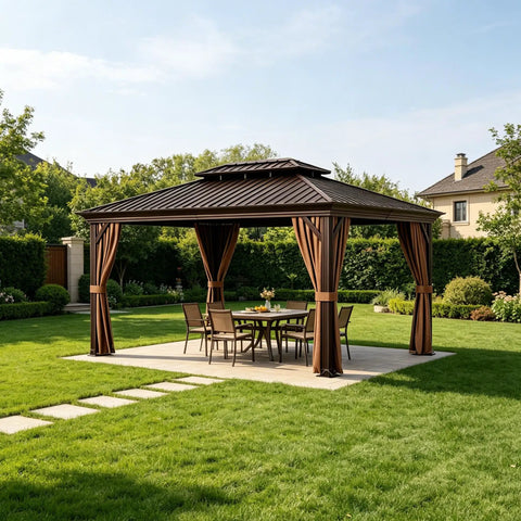All Season Hardtop Metal Roof Gazebo With Mosquito Netting And Privacy Curtains For Backyard Patio Deck Built Tough Heavy Duty Outdoor Shelter That Stands Up Year Round Brown 10x12 Ft.
