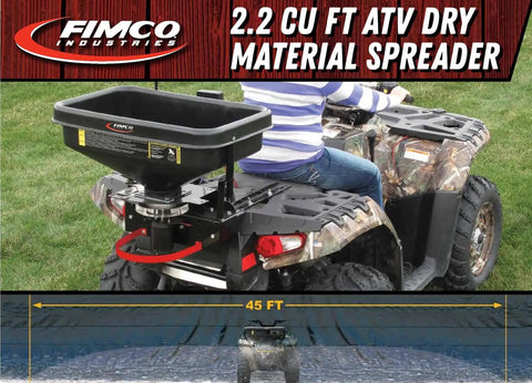 ATV Dry Material Spreader For Precise Distribution and Broadcast 12V Power Polymer Hopper mounted on ATV rear.