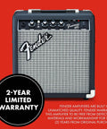 Frontman 10G 10 Watt Electric Guitar Amplifier With 6 Inch Speaker Built In Overdrive Headphone Jack And Aux Input Black Silver Classic Sixties Vibe For Practice And Small Gigs Two Year Warranty displayed on red background