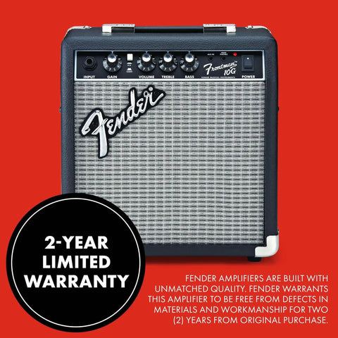 Frontman 10G 10 Watt Electric Guitar Amplifier With 6 Inch Speaker Built In Overdrive Headphone Jack And Aux Input Black Silver Classic Sixties Vibe For Practice And Small Gigs Two Year Warranty displayed on red background