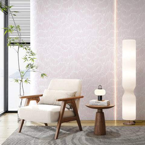 Fresh Boho Striped Peel And Stick Wallpaper Roll In Light Pink Waterproof Vinyl Contact Paper on wall with a modern chair and lamp.