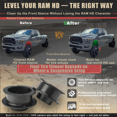 2.5 Inch Front Leveling Lift Kit For Ram 2500 4WD And Ram 3500 4WD comparison before and after lift with coil spring spacers