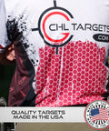 Back of t-shirt with CHL Targets logo, red and white design, promoting quality targets made in the USA.
