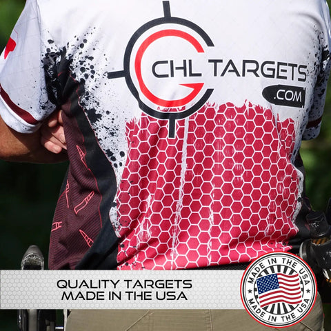 Back of t-shirt with CHL Targets logo, red and white design, promoting quality targets made in the USA.