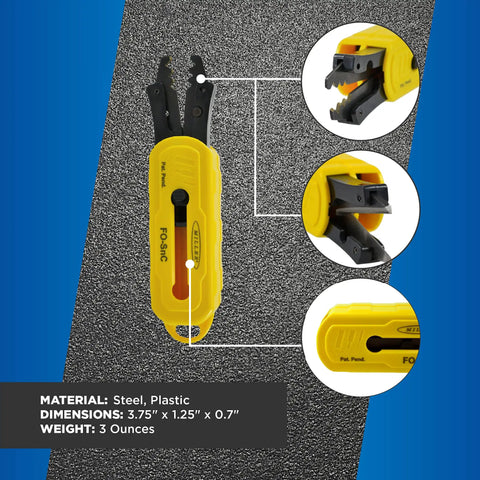 FO SNC Fiber Optic Strip And Cut Tool Portable Multifunction Cable Cutting And Stripping Tool for 1.6 to 3.0 mm jackets shown in yellow