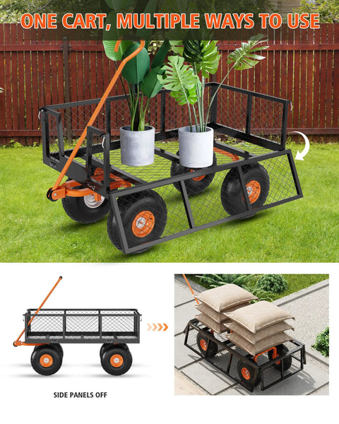 Heavy Duty Steel Garden Cart With 500 Lbs Capacity 3 In 1 Pullable Wagon carrying potted plants on 10 inch wheels