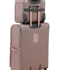 Newcastle 15-Inch Underseat Roller Luggage Carry-On, Rose Charcoal Herringbone, stacked on suitcase with telescoping handles