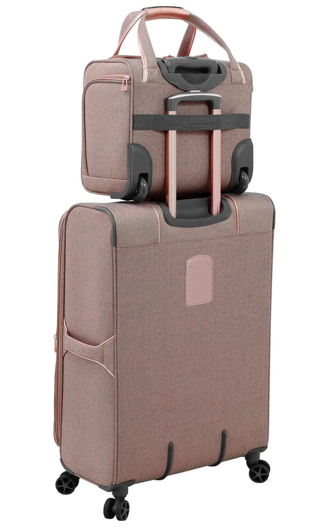 Newcastle 15-Inch Underseat Roller Luggage Carry-On, Rose Charcoal Herringbone, stacked on suitcase with telescoping handles