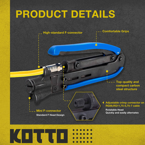Coax Cable Crimp Kit With Adjustable Compression Tool For RG6 RG59 RG11 F Connectors Includes Coax Stripper And 20 F Compression Connectors Ergonomic Anti Slip Handle Easy Thumb Screw Adjustment image showing tool details.