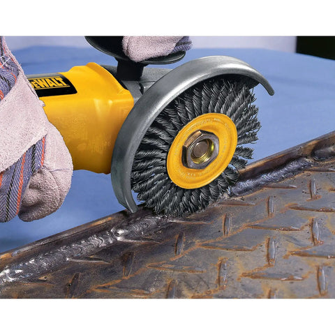 Heavy Duty Wire Wheel Brush for Grinders, 4 inch diameter with 5/8-11 threaded arbor removing rust from metal surface