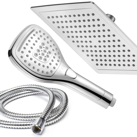 9 Inch Rainfall Shower Head And Handheld Combo With Push Button Flow Control For One Handed Operation, Premium Chrome Finish