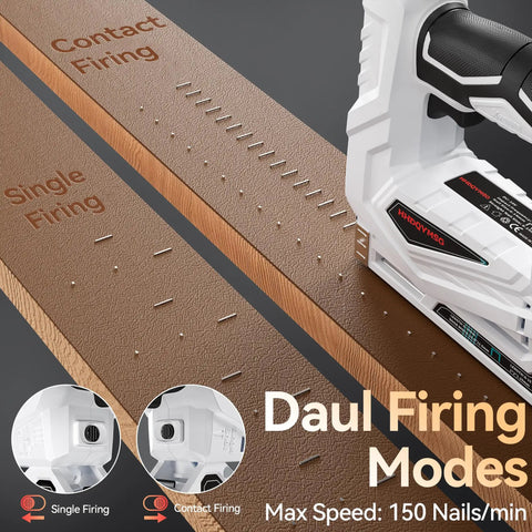 Heavy Duty Cordless Brad Nailer And 2 In 1 Electric Stapler With Fast Charge Battery showing dual firing modes on wood.