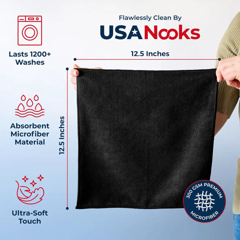 Ultra Absorbent Microfiber Cleaning Cloth 12.5x12.5 Inches, 300 GSM, 1200 Washes, held by hands showing size and material details