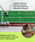 9 Foot 6 Inch Putting Mat With Automatic Ball Return For Indoor Use Two Hole Putting Green Designed For Home And Office Realistic Golf Training Aid With Alignment Guides And Easy Setup viewed from above with feet stepping on mat for setup
