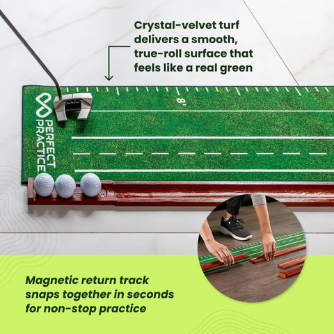 9 Foot 6 Inch Putting Mat With Automatic Ball Return For Indoor Use Two Hole Putting Green Designed For Home And Office Realistic Golf Training Aid With Alignment Guides And Easy Setup viewed from above with feet stepping on mat for setup