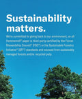 Text about sustainability and certification with trees in foreground.