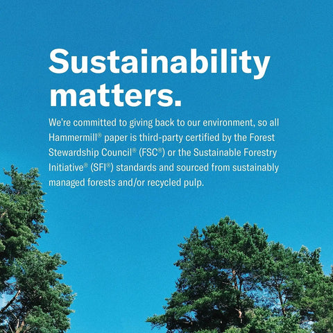 Text about sustainability and certification with trees in foreground.