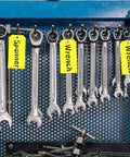 100 Pack Rugged Writable Plastic Tags With Secure Wire Ties, Heavy Duty Waterproof Labels For Outdoor Tools Garage Moving Pipes, Bright Yellow Surface No Sweat Marker Writing System, attached to wrenches.