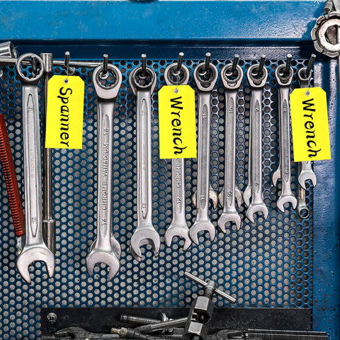 100 Pack Rugged Writable Plastic Tags With Secure Wire Ties, Heavy Duty Waterproof Labels For Outdoor Tools Garage Moving Pipes, Bright Yellow Surface No Sweat Marker Writing System, attached to wrenches.