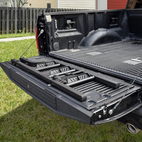 42 Inch Foldable Tailgate Ladder For Pickup Trucks Universal Fit Easy Access Built Tough Heavy Duty Aluminum Step Supports Up To 600 Lbs Works With Most Trucks Tailgate Width 51 Inches Or Wider And Ground Clearance Under 42 Inches, folded on pickup tailgate