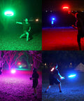 Rgb Led Flying Disc With 108 Multicolor LEDs Auto Light Up And Smart Modes in use by people outdoors at night